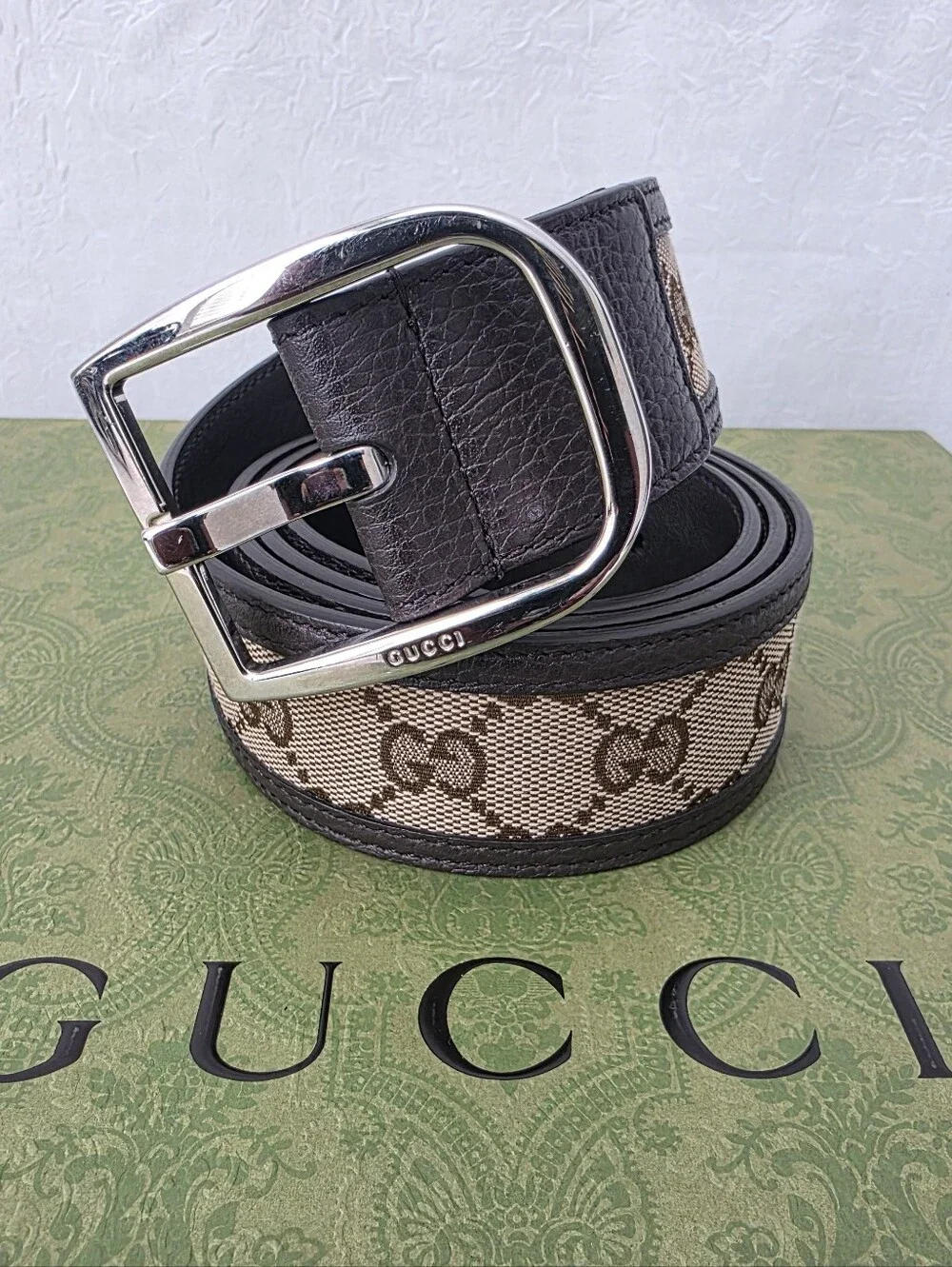 Auth Gucci GG Canvas Leather Belt